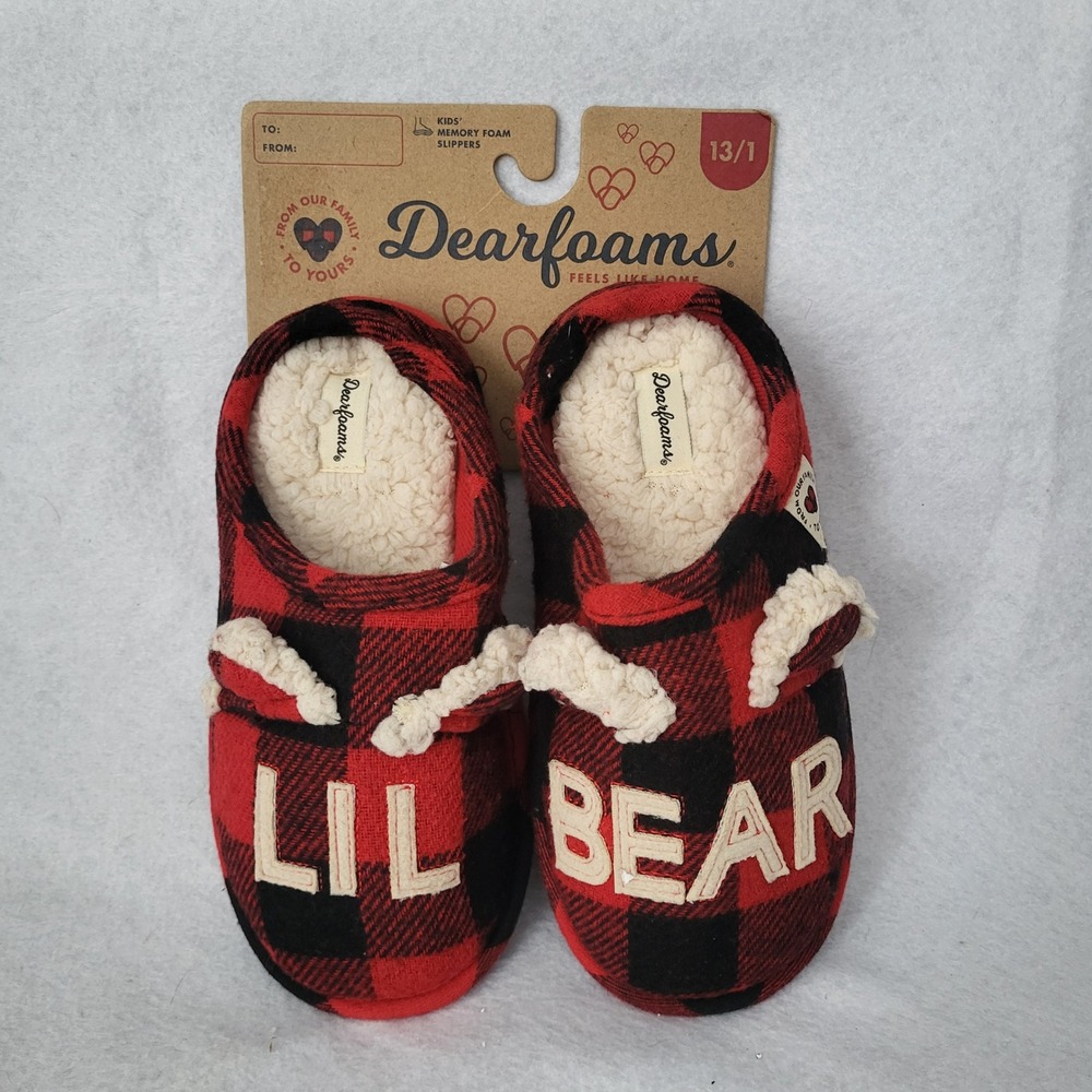 Dearfoams Lil bear Slippers Kids Buffalo Plaid Red Black Memory Foam Sherpa 13/1